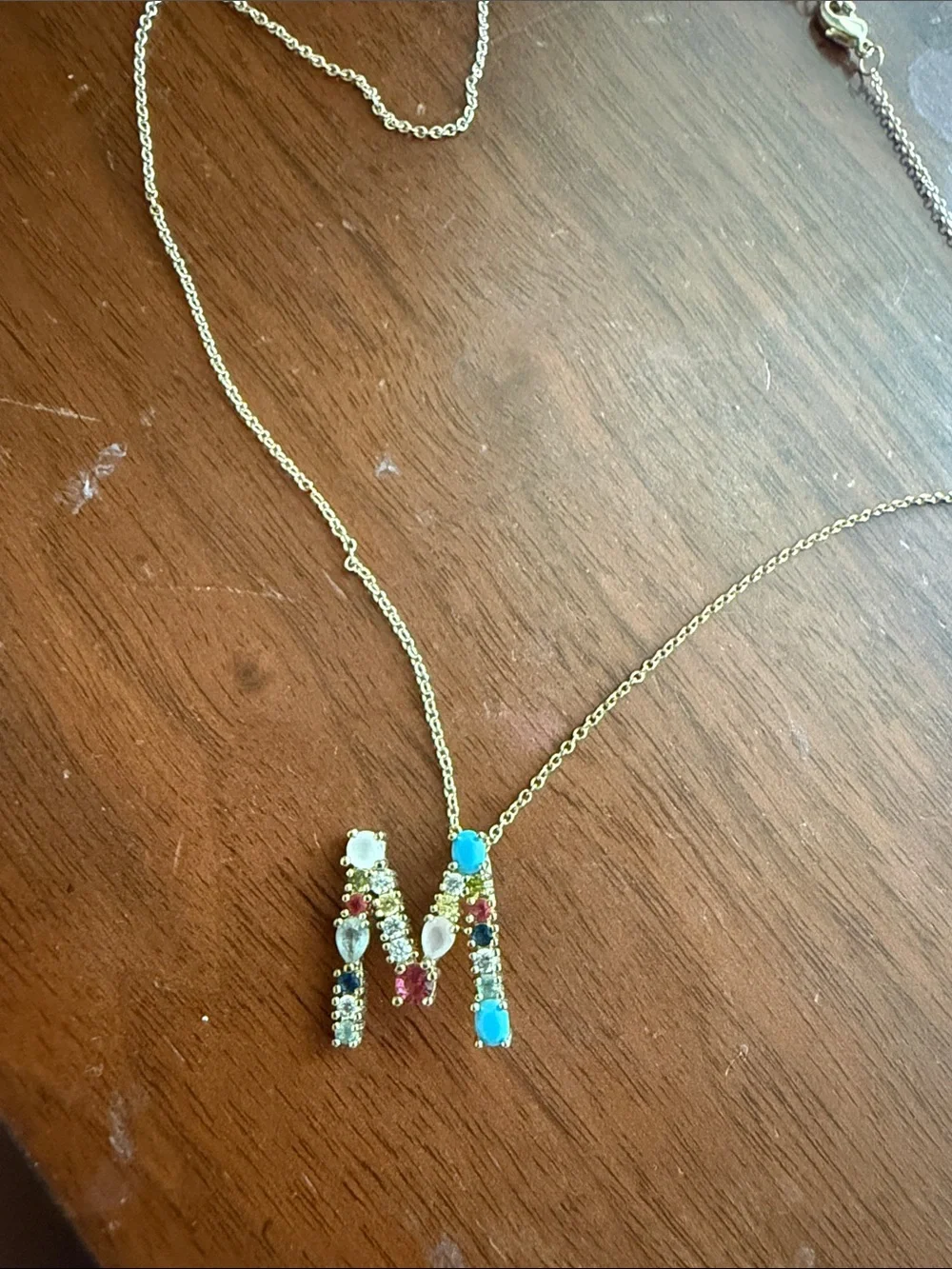Gold Initial 'M' Multi-Gemstone Necklace - Turquoise & Pink Accent
